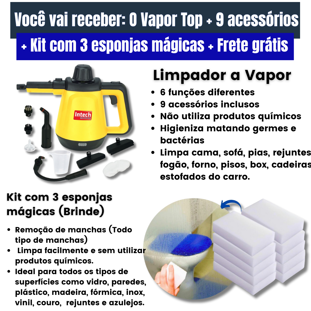 Limpador à Vapor com 9 acessórios + Brinde Esponja Mágica