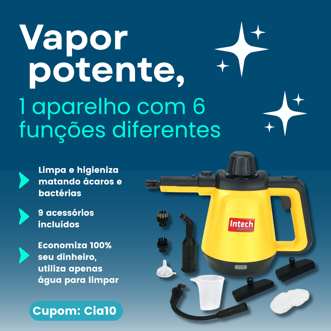 Limpador à Vapor com 9 acessórios + Brinde Esponja Mágica