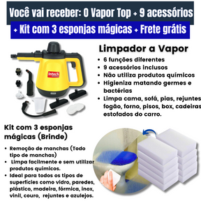 Limpador à Vapor com 9 acessórios + Brinde Esponja Mágica
